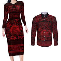 Personalized Cardiganshire Ceredigion Couples Matching Long Sleeve Bodycon Dress and Long Sleeve Button Shirt Red Leaping Salmon Celtic-inspired - Wonder Print Shop