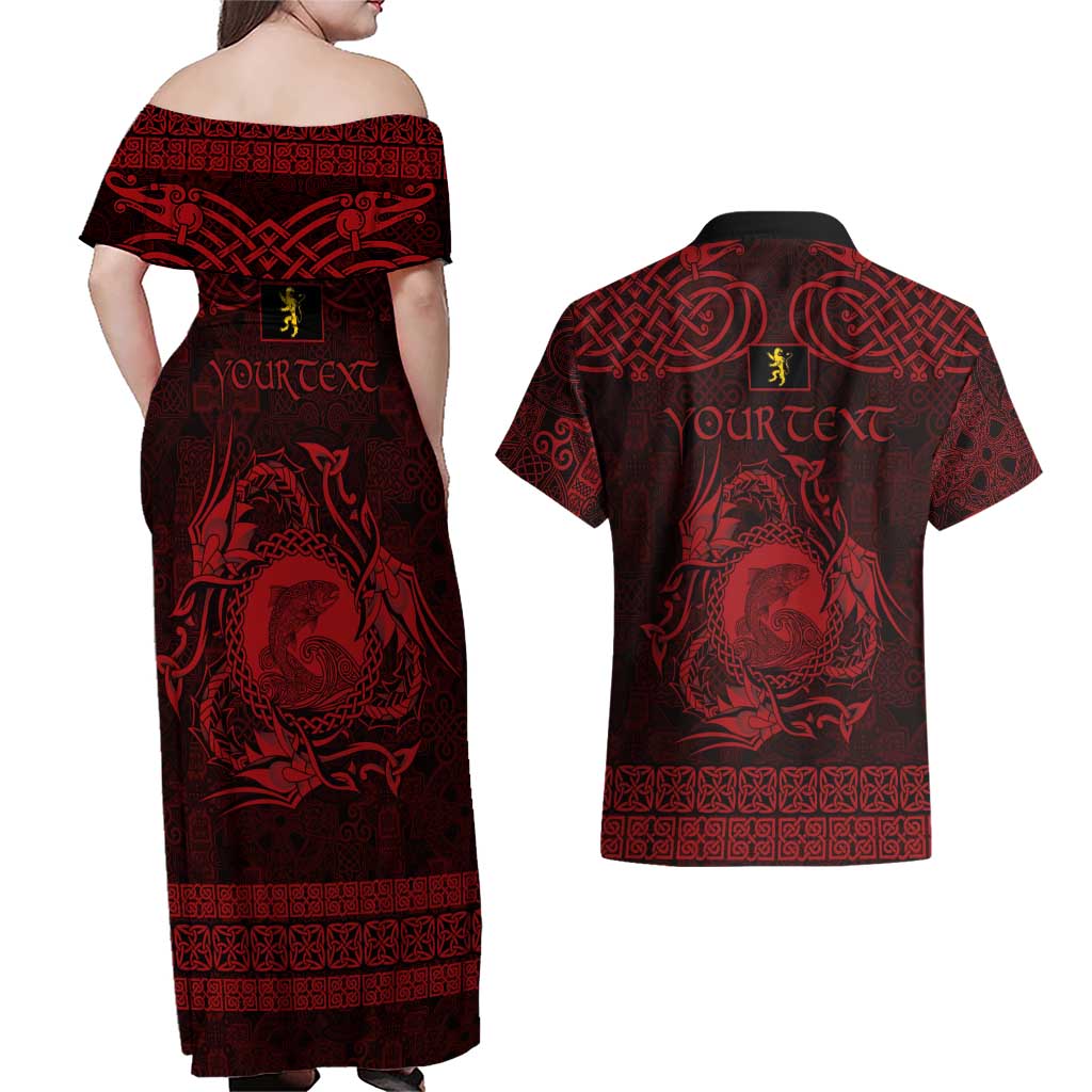 Personalized Cardiganshire Ceredigion Couples Matching Off Shoulder Maxi Dress and Hawaiian Shirt Red Leaping Salmon Celtic-inspired - Wonder Print Shop