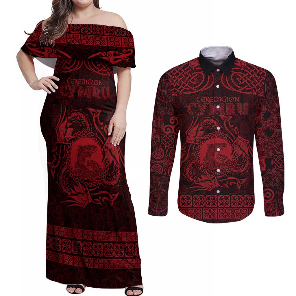 Personalized Cardiganshire Ceredigion Couples Matching Off Shoulder Maxi Dress and Long Sleeve Button Shirt Red Leaping Salmon Celtic-inspired - Wonder Print Shop