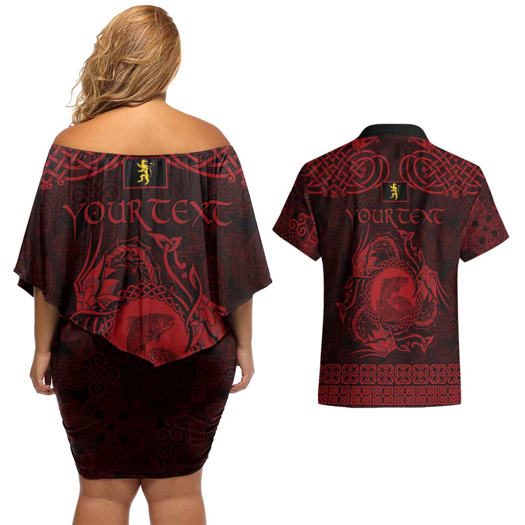 Personalized Cardiganshire Ceredigion Couples Matching Off Shoulder Short Dress and Hawaiian Shirt Red Leaping Salmon Celtic-inspired - Wonder Print Shop