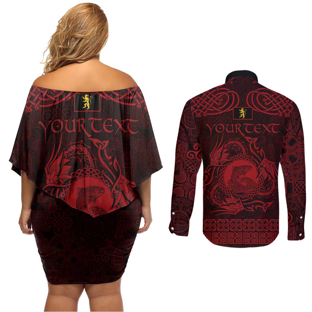 Personalized Cardiganshire Ceredigion Couples Matching Off Shoulder Short Dress and Long Sleeve Button Shirt Red Leaping Salmon Celtic-inspired - Wonder Print Shop