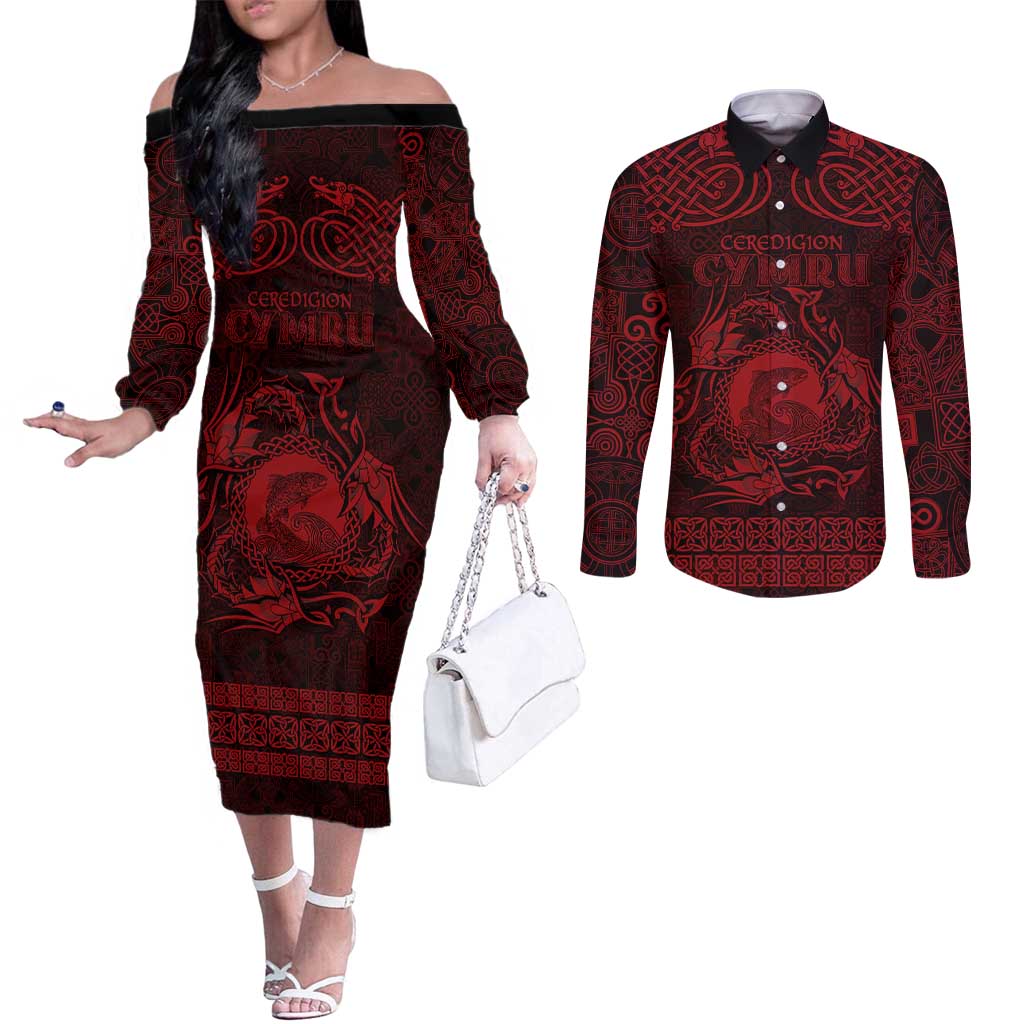 Personalized Cardiganshire Ceredigion Couples Matching Off The Shoulder Long Sleeve Dress and Long Sleeve Button Shirt Red Leaping Salmon Celtic-inspired - Wonder Print Shop