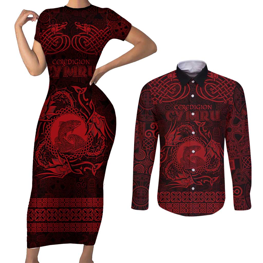 Personalized Cardiganshire Ceredigion Couples Matching Short Sleeve Bodycon Dress and Long Sleeve Button Shirt Red Leaping Salmon Celtic-inspired - Wonder Print Shop