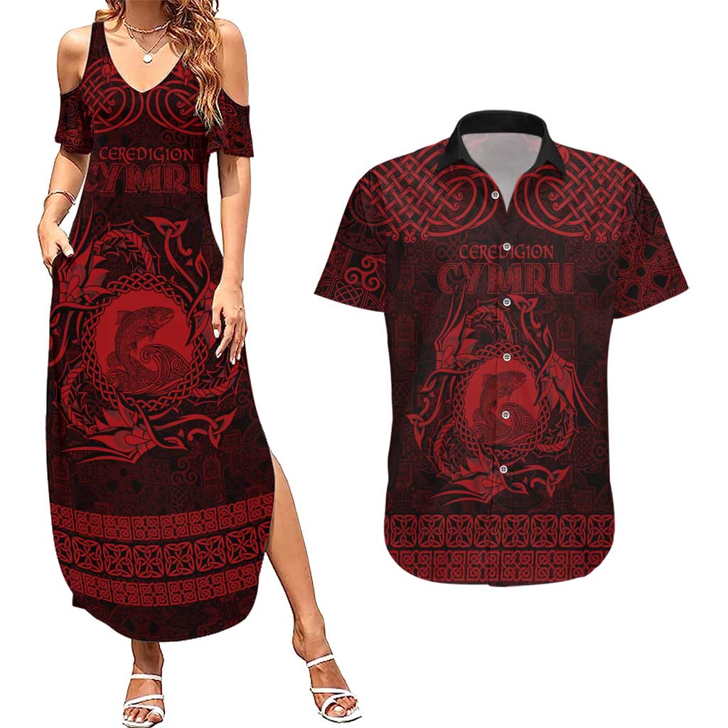 Personalized Cardiganshire Ceredigion Couples Matching Summer Maxi Dress and Hawaiian Shirt Red Leaping Salmon Celtic-inspired - Wonder Print Shop