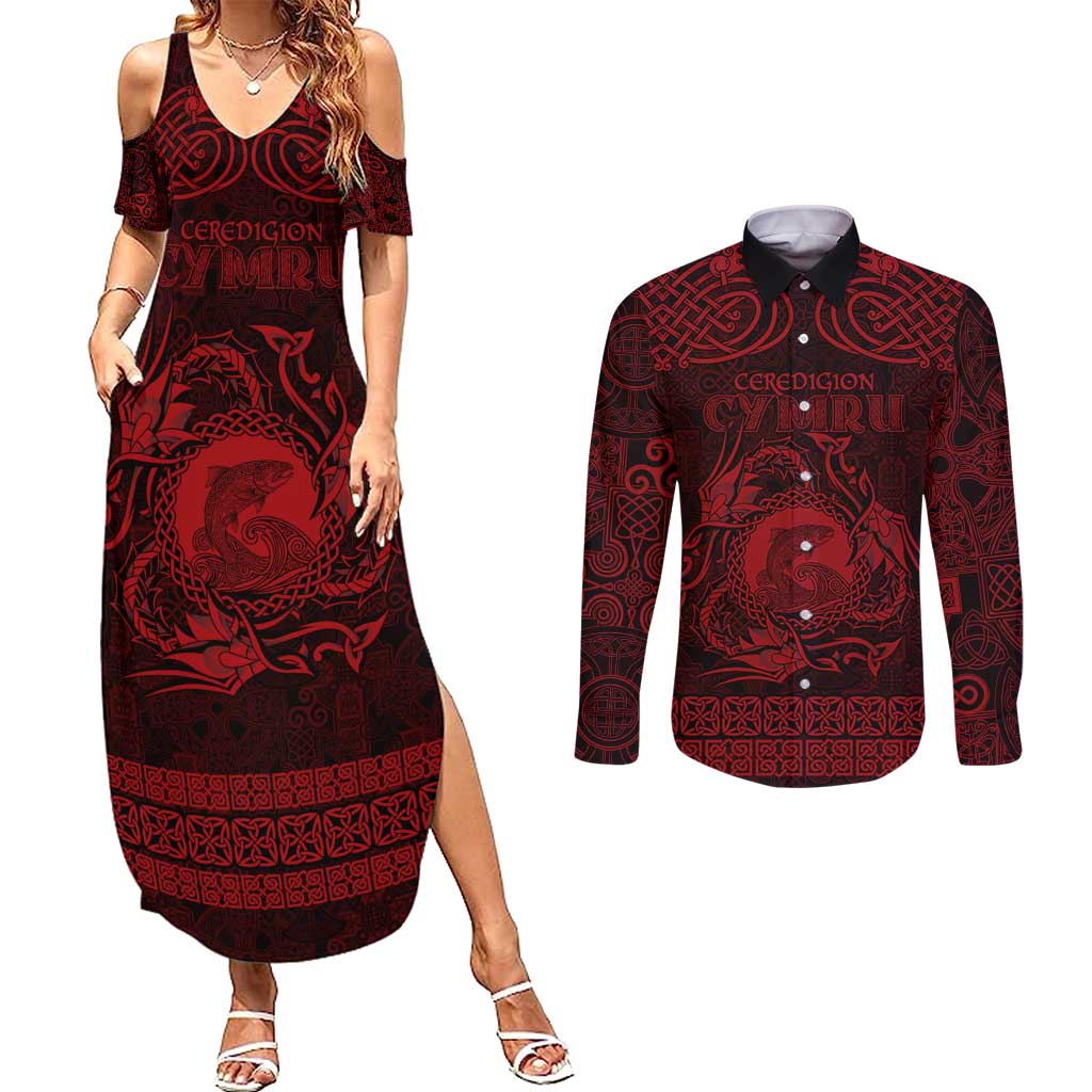 Personalized Cardiganshire Ceredigion Couples Matching Summer Maxi Dress and Long Sleeve Button Shirt Red Leaping Salmon Celtic-inspired - Wonder Print Shop