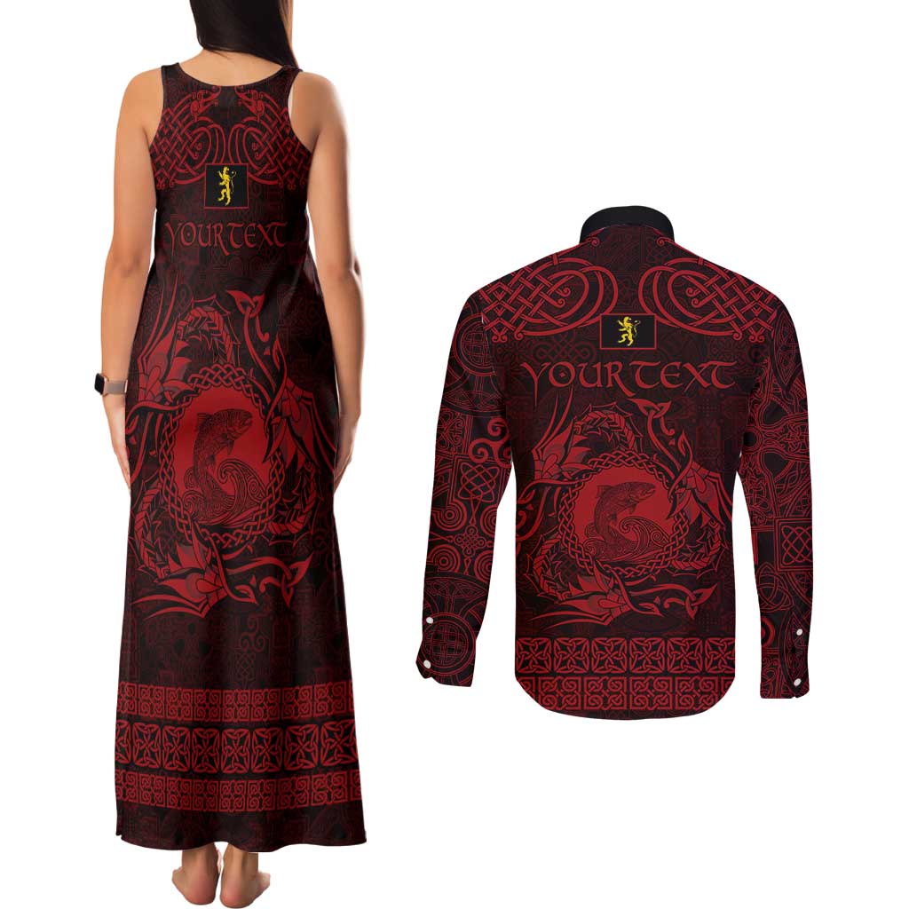 Personalized Cardiganshire Ceredigion Couples Matching Tank Maxi Dress and Long Sleeve Button Shirt Red Leaping Salmon Celtic-inspired - Wonder Print Shop