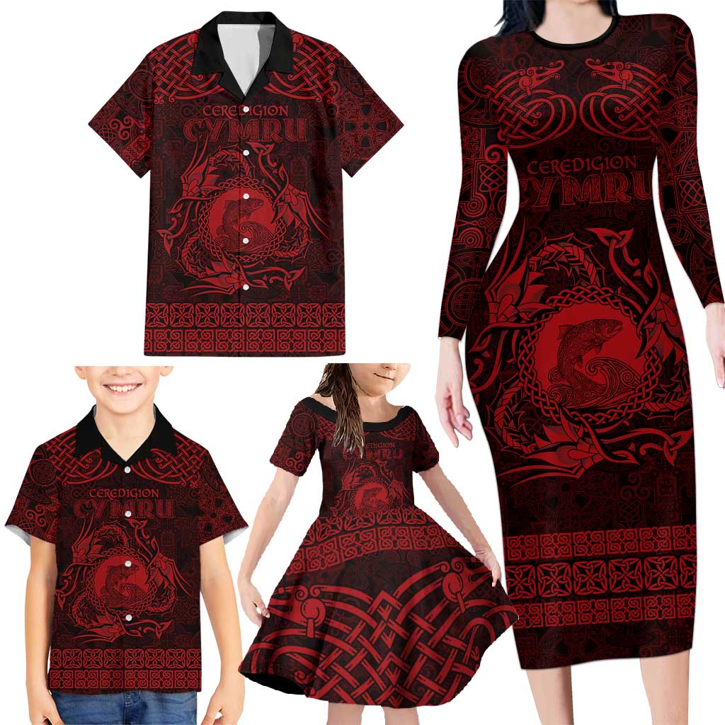 Personalized Cardiganshire Ceredigion Family Matching Long Sleeve Bodycon Dress and Hawaiian Shirt Red Leaping Salmon Celtic-inspired - Wonder Print Shop