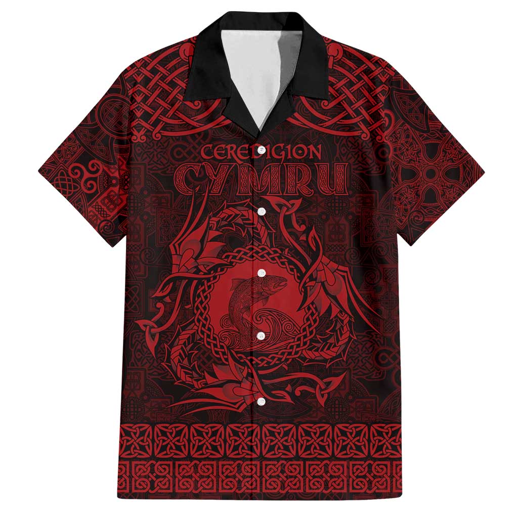 Personalized Cardiganshire Ceredigion Family Matching Long Sleeve Bodycon Dress and Hawaiian Shirt Red Leaping Salmon Celtic-inspired - Wonder Print Shop