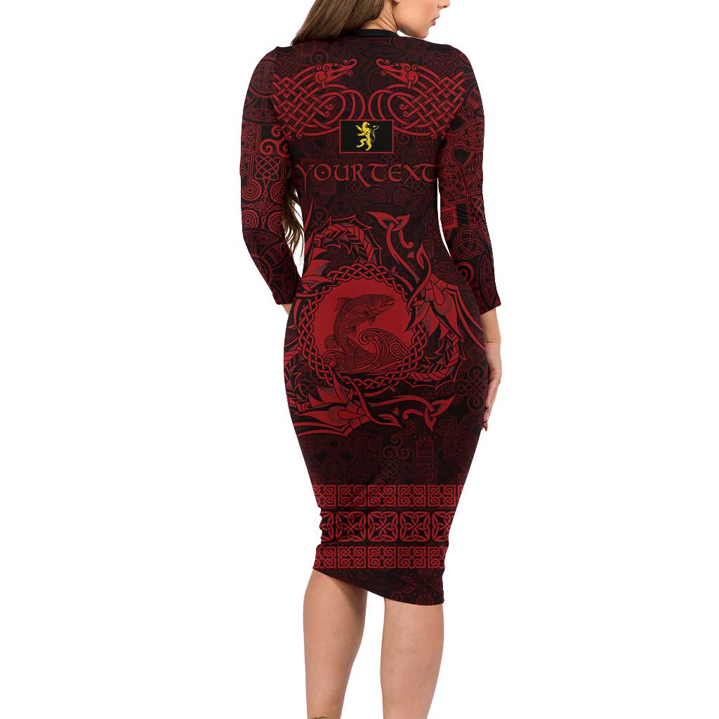 Personalized Cardiganshire Ceredigion Family Matching Long Sleeve Bodycon Dress and Hawaiian Shirt Red Leaping Salmon Celtic-inspired - Wonder Print Shop