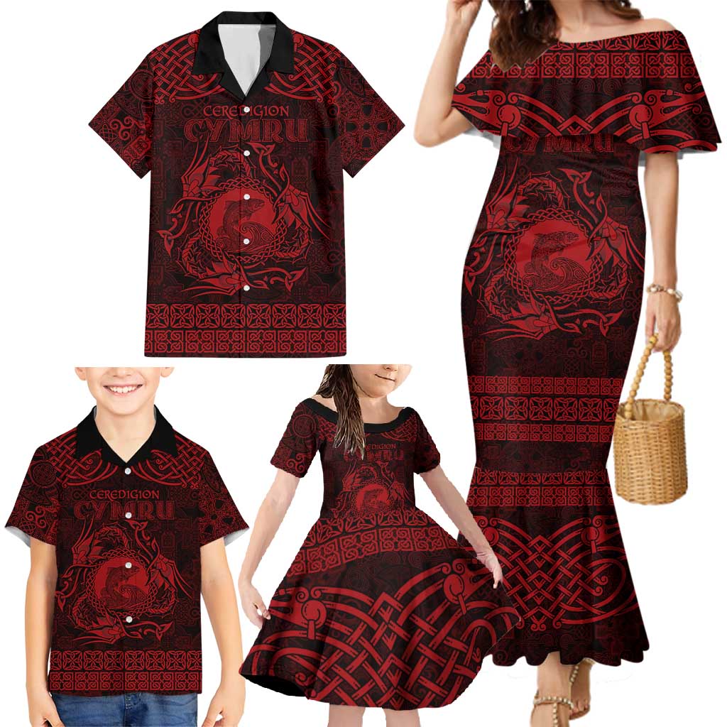 Personalized Cardiganshire Ceredigion Family Matching Mermaid Dress and Hawaiian Shirt Red Leaping Salmon Celtic-inspired - Wonder Print Shop