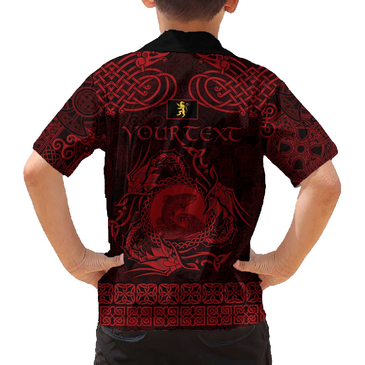 Personalized Cardiganshire Ceredigion Family Matching Off The Shoulder Long Sleeve Dress and Hawaiian Shirt Red Leaping Salmon Celtic-inspired - Wonder Print Shop