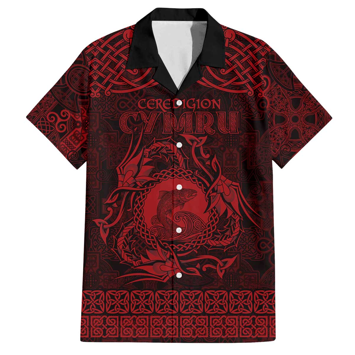 Personalized Cardiganshire Ceredigion Family Matching Off The Shoulder Long Sleeve Dress and Hawaiian Shirt Red Leaping Salmon Celtic-inspired - Wonder Print Shop