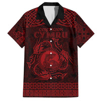 Personalized Cardiganshire Ceredigion Family Matching Off The Shoulder Long Sleeve Dress and Hawaiian Shirt Red Leaping Salmon Celtic-inspired - Wonder Print Shop