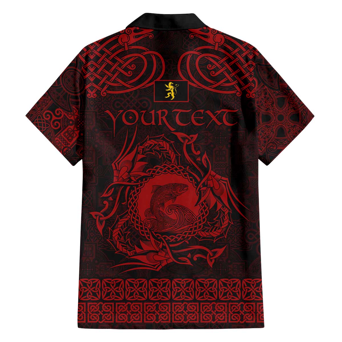 Personalized Cardiganshire Ceredigion Family Matching Off The Shoulder Long Sleeve Dress and Hawaiian Shirt Red Leaping Salmon Celtic-inspired - Wonder Print Shop
