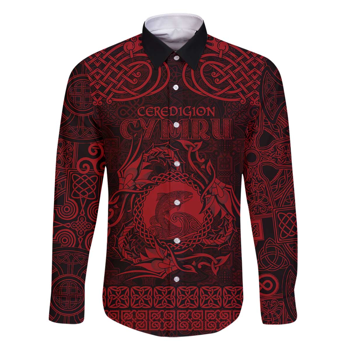 Personalized Cardiganshire Ceredigion Family Matching Off The Shoulder Long Sleeve Dress and Hawaiian Shirt Red Leaping Salmon Celtic-inspired - Wonder Print Shop