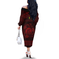Personalized Cardiganshire Ceredigion Family Matching Off The Shoulder Long Sleeve Dress and Hawaiian Shirt Red Leaping Salmon Celtic-inspired - Wonder Print Shop