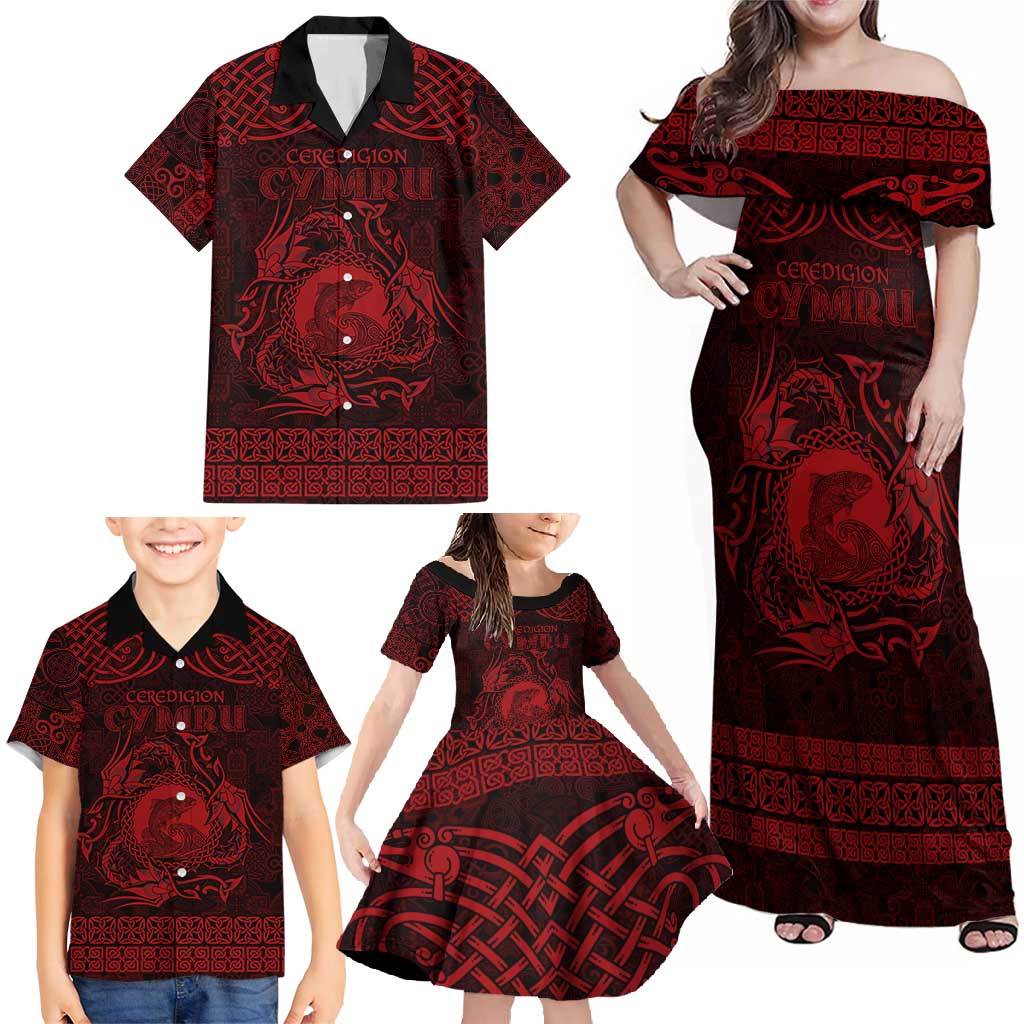 Personalized Cardiganshire Ceredigion Family Matching Off Shoulder Maxi Dress and Hawaiian Shirt Red Leaping Salmon Celtic-inspired - Wonder Print Shop