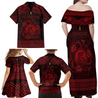 Personalized Cardiganshire Ceredigion Family Matching Off Shoulder Maxi Dress and Hawaiian Shirt Red Leaping Salmon Celtic-inspired - Wonder Print Shop