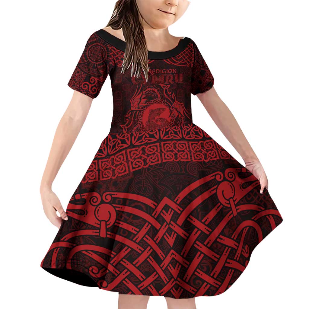 Personalized Cardiganshire Ceredigion Family Matching Off Shoulder Short Dress and Hawaiian Shirt Red Leaping Salmon Celtic-inspired - Wonder Print Shop