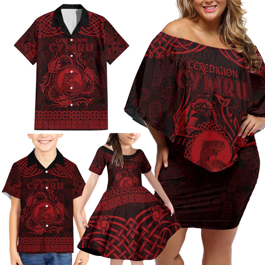 Personalized Cardiganshire Ceredigion Family Matching Off Shoulder Short Dress and Hawaiian Shirt Red Leaping Salmon Celtic-inspired - Wonder Print Shop