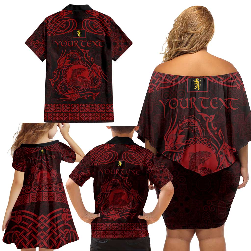 Personalized Cardiganshire Ceredigion Family Matching Off Shoulder Short Dress and Hawaiian Shirt Red Leaping Salmon Celtic-inspired - Wonder Print Shop