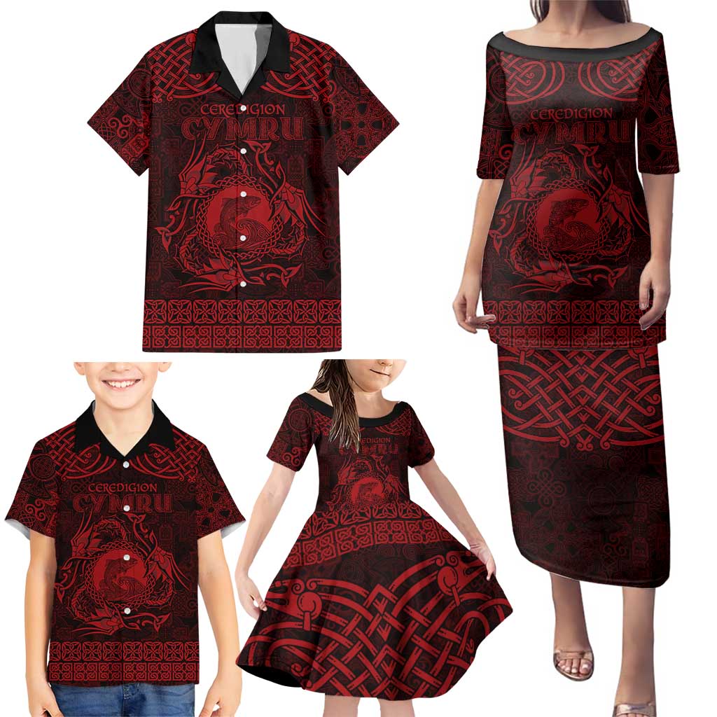Personalized Cardiganshire Ceredigion Family Matching Puletasi and Hawaiian Shirt Red Leaping Salmon Celtic-inspired - Wonder Print Shop