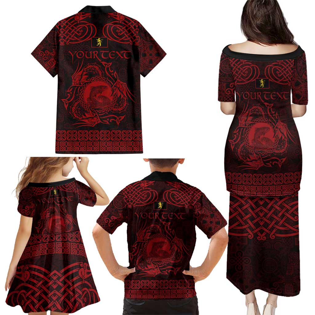 Personalized Cardiganshire Ceredigion Family Matching Puletasi and Hawaiian Shirt Red Leaping Salmon Celtic-inspired - Wonder Print Shop
