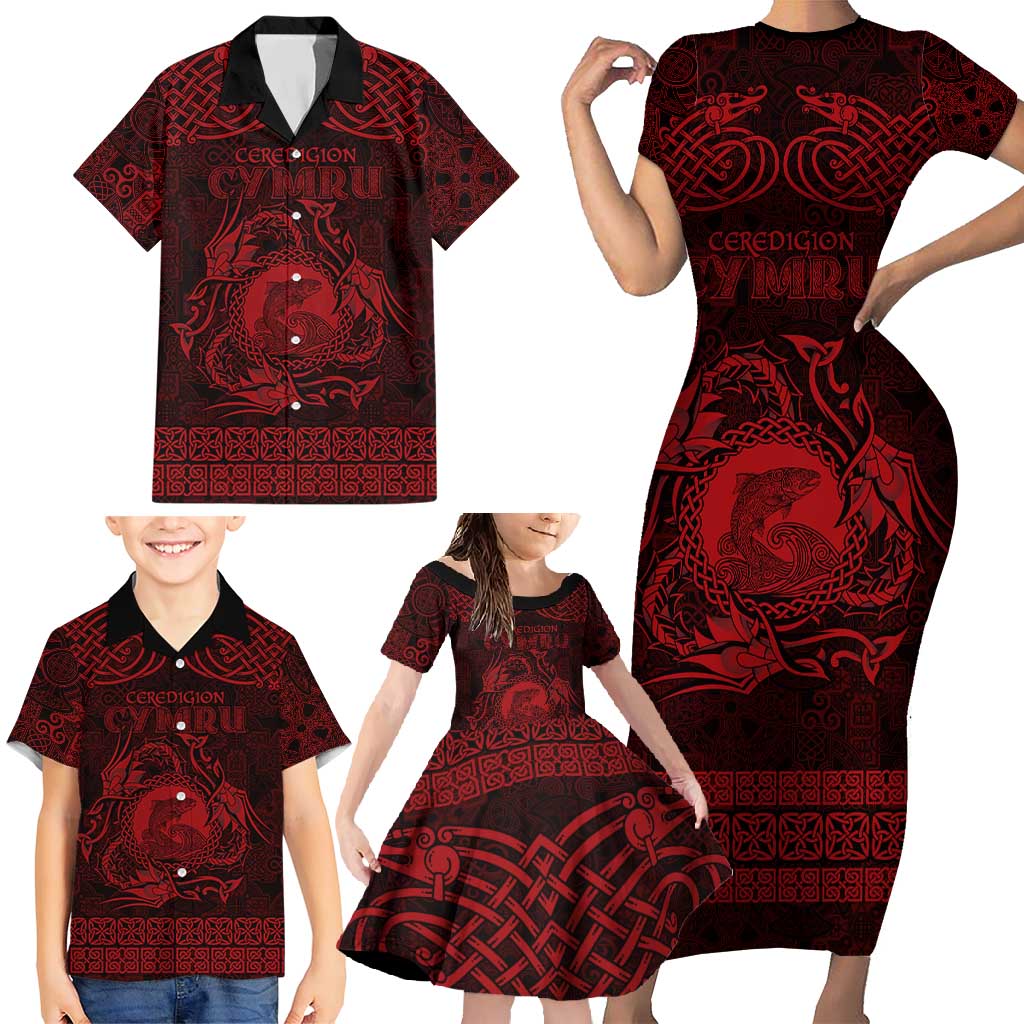Personalized Cardiganshire Ceredigion Family Matching Short Sleeve Bodycon Dress and Hawaiian Shirt Red Leaping Salmon Celtic-inspired - Wonder Print Shop