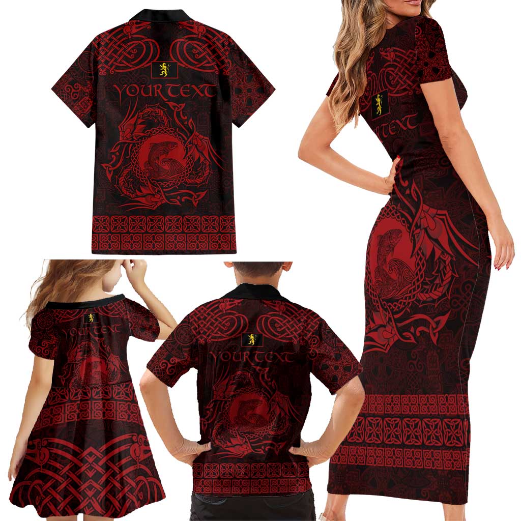 Personalized Cardiganshire Ceredigion Family Matching Short Sleeve Bodycon Dress and Hawaiian Shirt Red Leaping Salmon Celtic-inspired - Wonder Print Shop