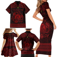 Personalized Cardiganshire Ceredigion Family Matching Short Sleeve Bodycon Dress and Hawaiian Shirt Red Leaping Salmon Celtic-inspired - Wonder Print Shop