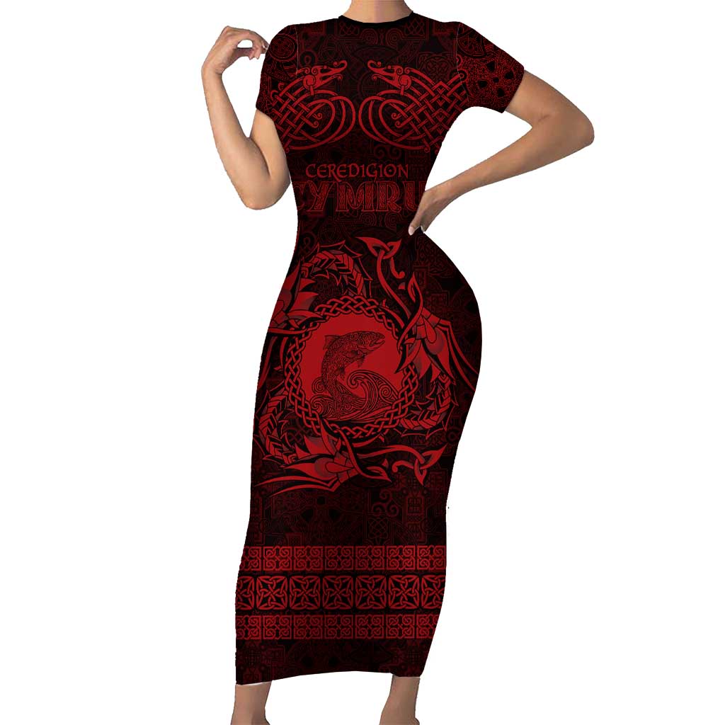 Personalized Cardiganshire Ceredigion Family Matching Short Sleeve Bodycon Dress and Hawaiian Shirt Red Leaping Salmon Celtic-inspired - Wonder Print Shop