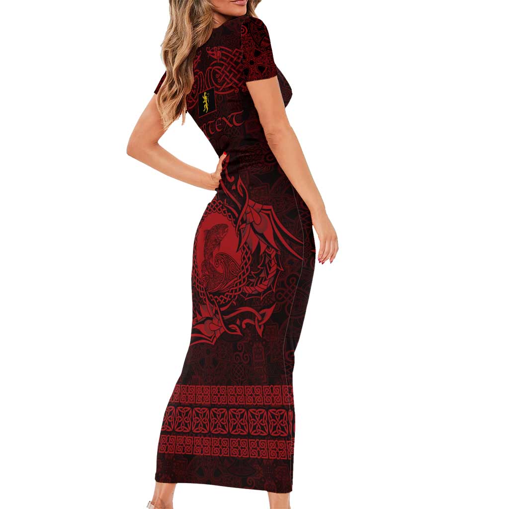 Personalized Cardiganshire Ceredigion Family Matching Short Sleeve Bodycon Dress and Hawaiian Shirt Red Leaping Salmon Celtic-inspired - Wonder Print Shop