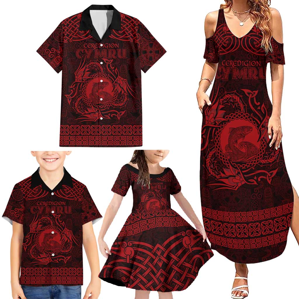 Personalized Cardiganshire Ceredigion Family Matching Summer Maxi Dress and Hawaiian Shirt Red Leaping Salmon Celtic-inspired - Wonder Print Shop
