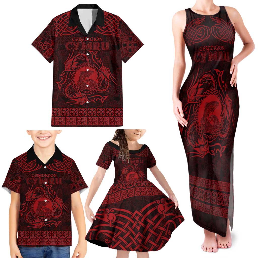Personalized Cardiganshire Ceredigion Family Matching Tank Maxi Dress and Hawaiian Shirt Red Leaping Salmon Celtic-inspired - Wonder Print Shop