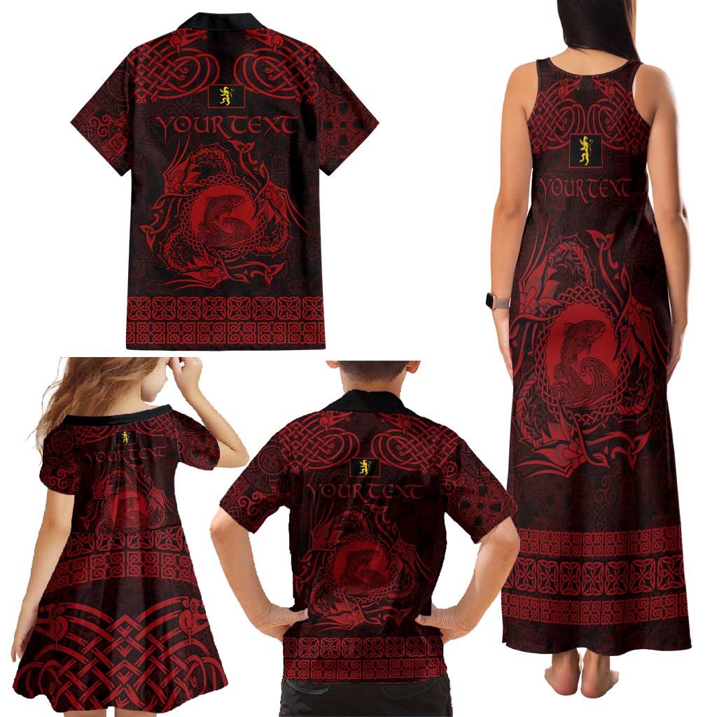 Personalized Cardiganshire Ceredigion Family Matching Tank Maxi Dress and Hawaiian Shirt Red Leaping Salmon Celtic-inspired - Wonder Print Shop