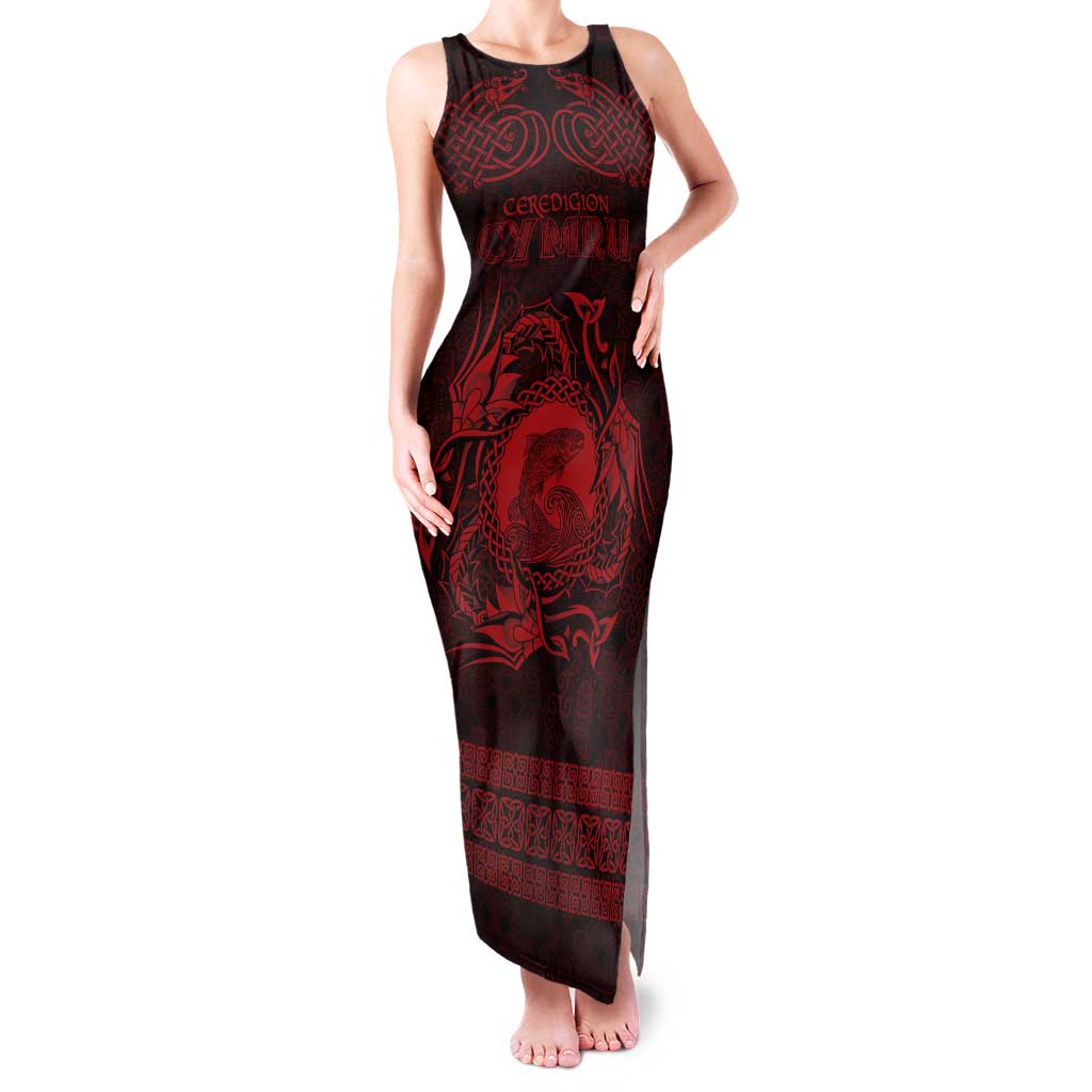 Personalized Cardiganshire Ceredigion Family Matching Tank Maxi Dress and Hawaiian Shirt Red Leaping Salmon Celtic-inspired - Wonder Print Shop