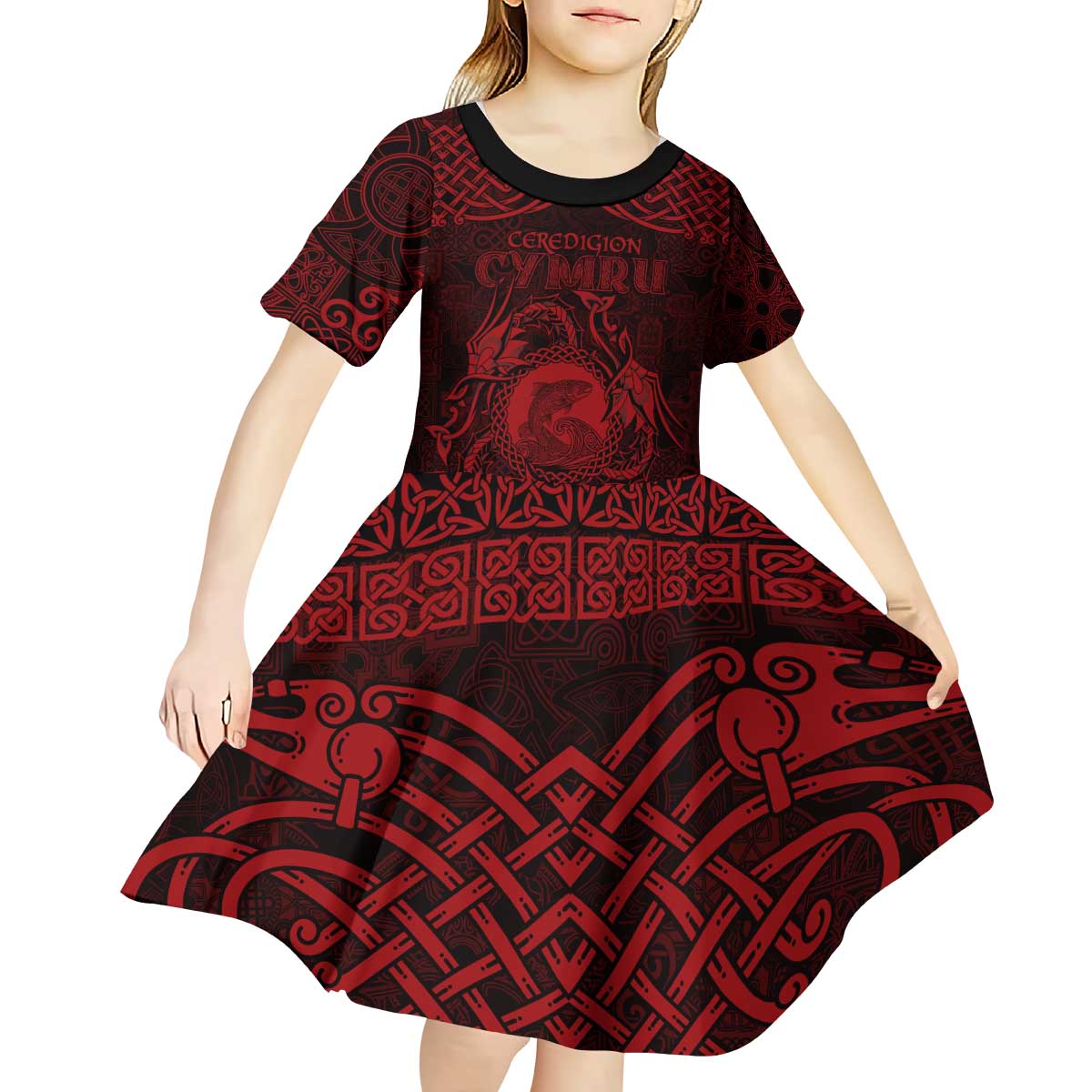 Personalized Cardiganshire Ceredigion Kid Short Sleeve Dress Red Leaping Salmon Celtic-inspired - Wonder Print Shop
