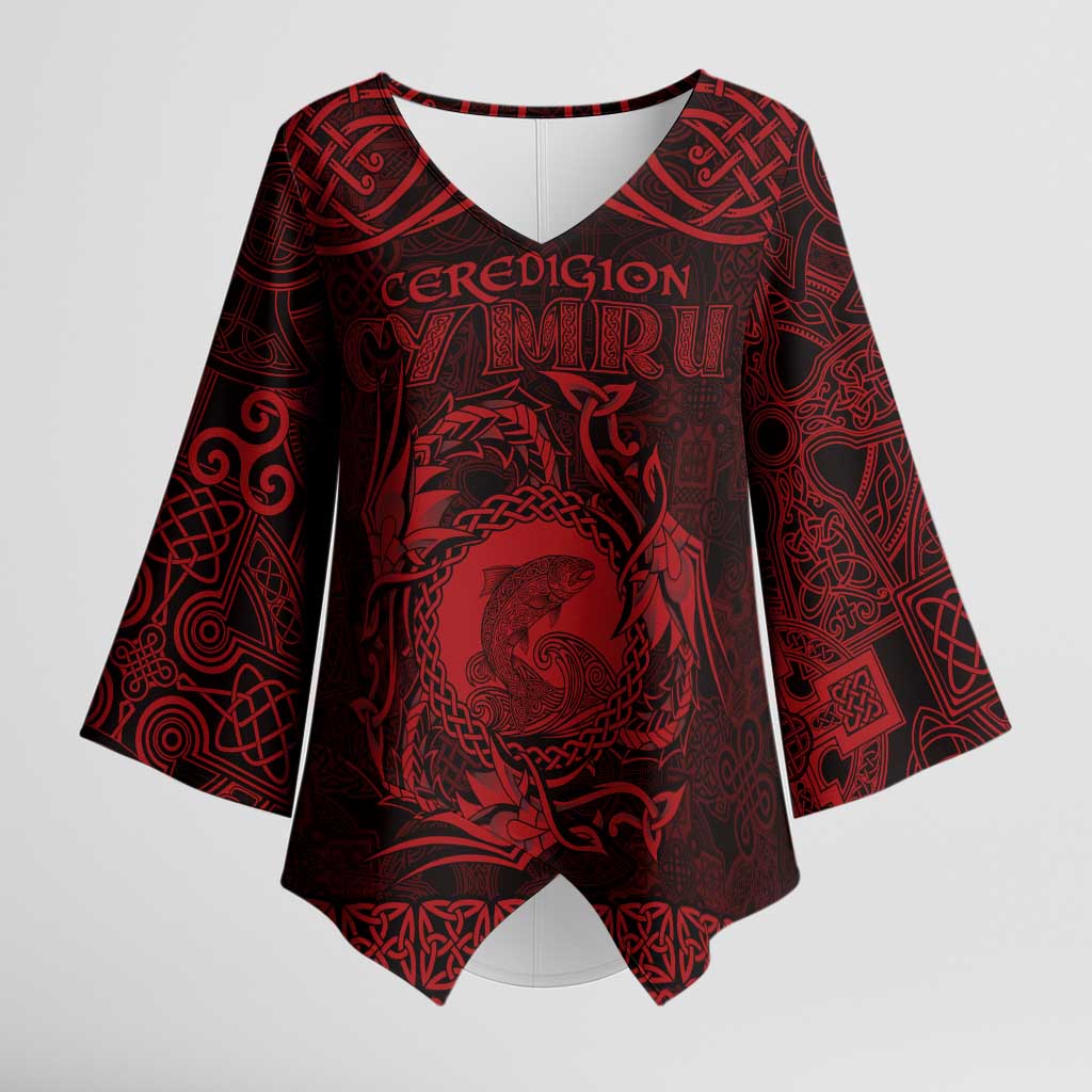 Personalized Cardiganshire Ceredigion Kimono Sleeve Blouse Red Leaping Salmon Celtic-inspired - Wonder Print Shop