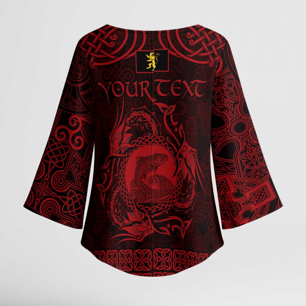 Personalized Cardiganshire Ceredigion Kimono Sleeve Blouse Red Leaping Salmon Celtic-inspired - Wonder Print Shop