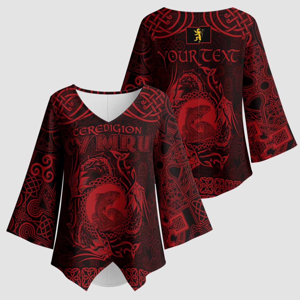 Personalized Cardiganshire Ceredigion Kimono Sleeve Blouse Red Leaping Salmon Celtic-inspired - Wonder Print Shop