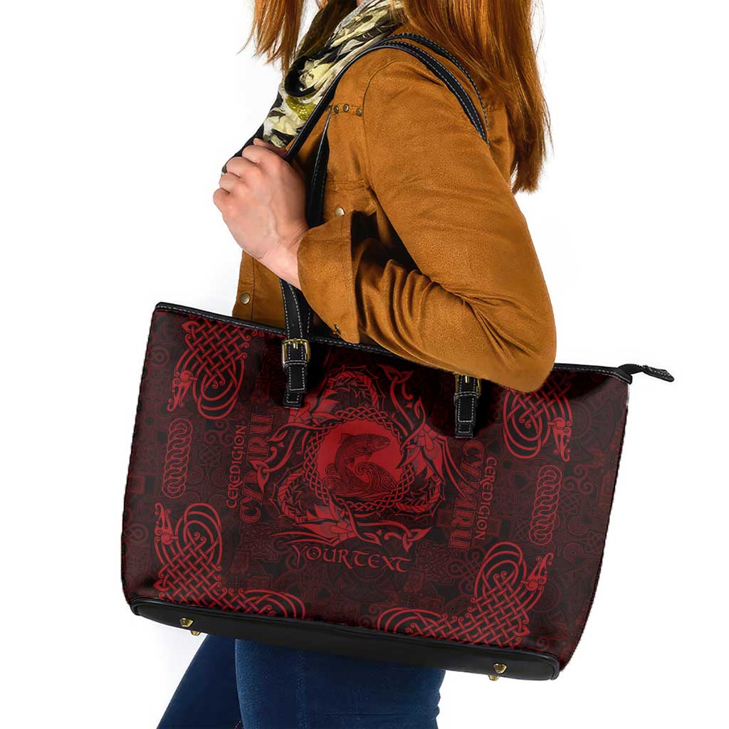 Personalized Cardiganshire Ceredigion Leather Tote Bag Red Leaping Salmon Celtic-inspired - Wonder Print Shop