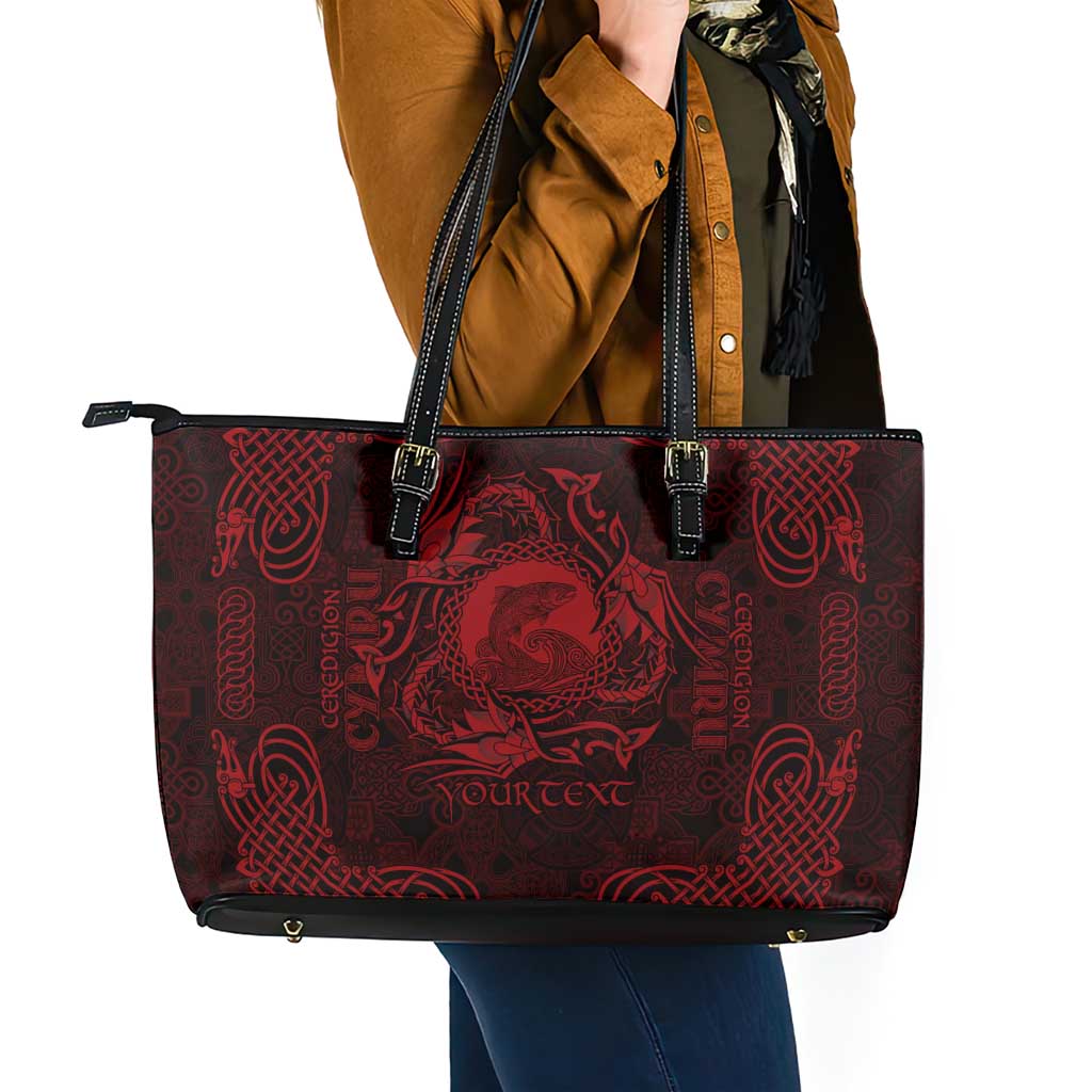 Personalized Cardiganshire Ceredigion Leather Tote Bag Red Leaping Salmon Celtic-inspired - Wonder Print Shop