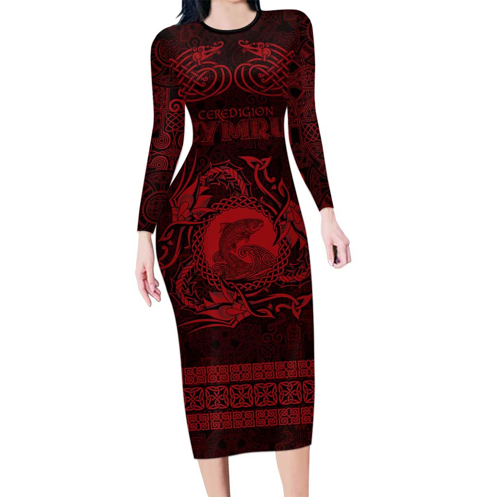 Personalized Cardiganshire Ceredigion Long Sleeve Bodycon Dress Red Leaping Salmon Celtic-inspired - Wonder Print Shop