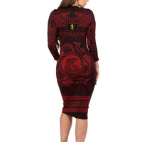 Personalized Cardiganshire Ceredigion Long Sleeve Bodycon Dress Red Leaping Salmon Celtic-inspired - Wonder Print Shop