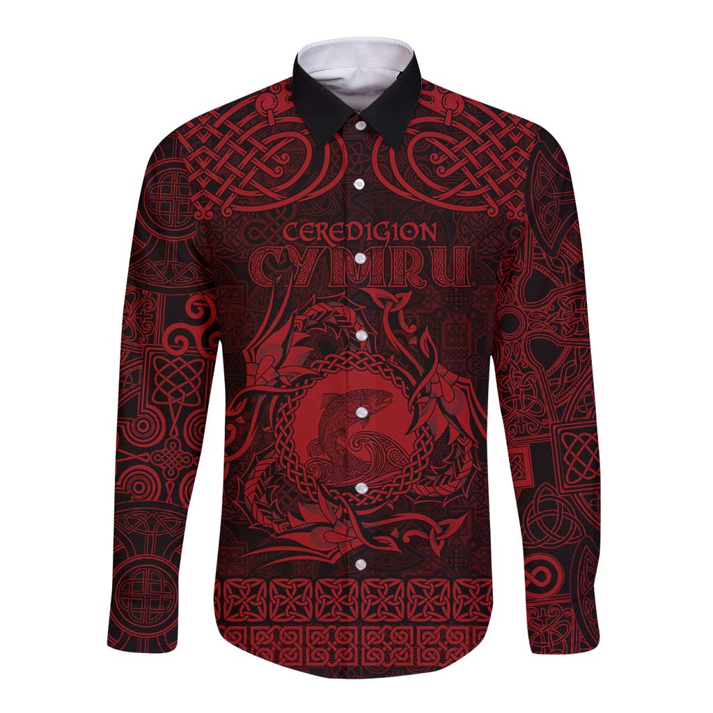 Personalized Cardiganshire Ceredigion Long Sleeve Button Shirt Red Leaping Salmon Celtic-inspired - Wonder Print Shop