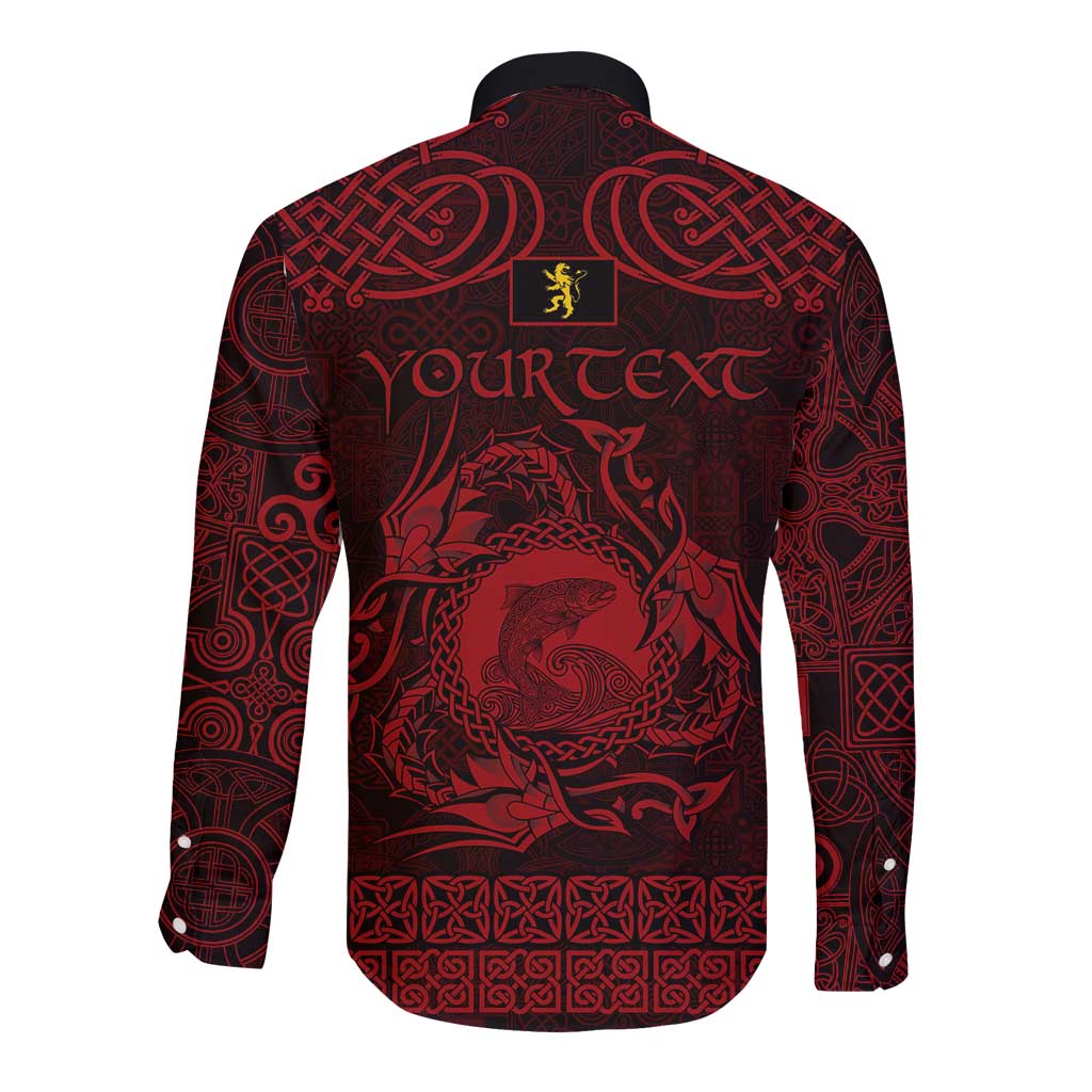 Personalized Cardiganshire Ceredigion Long Sleeve Button Shirt Red Leaping Salmon Celtic-inspired - Wonder Print Shop