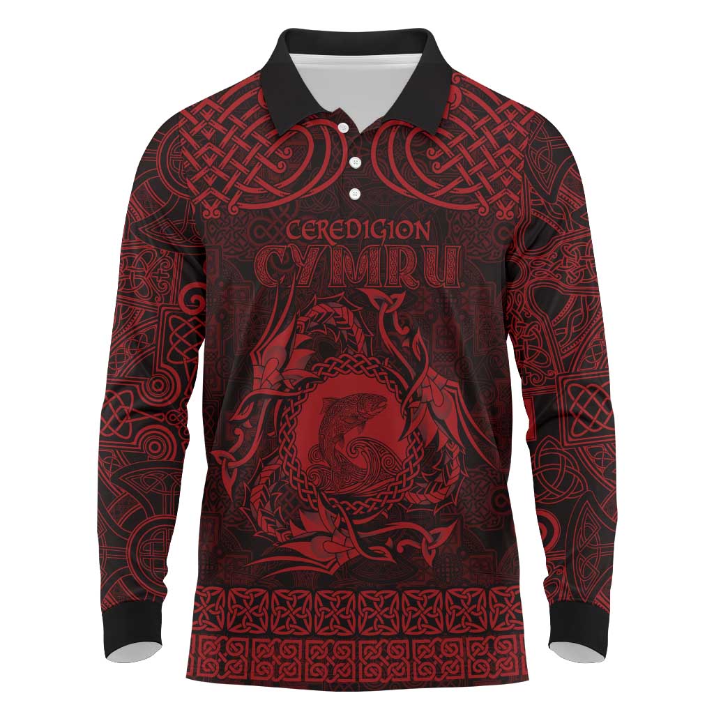 Personalized Cardiganshire Ceredigion Long Sleeve Polo Shirt Red Leaping Salmon Celtic-inspired - Wonder Print Shop