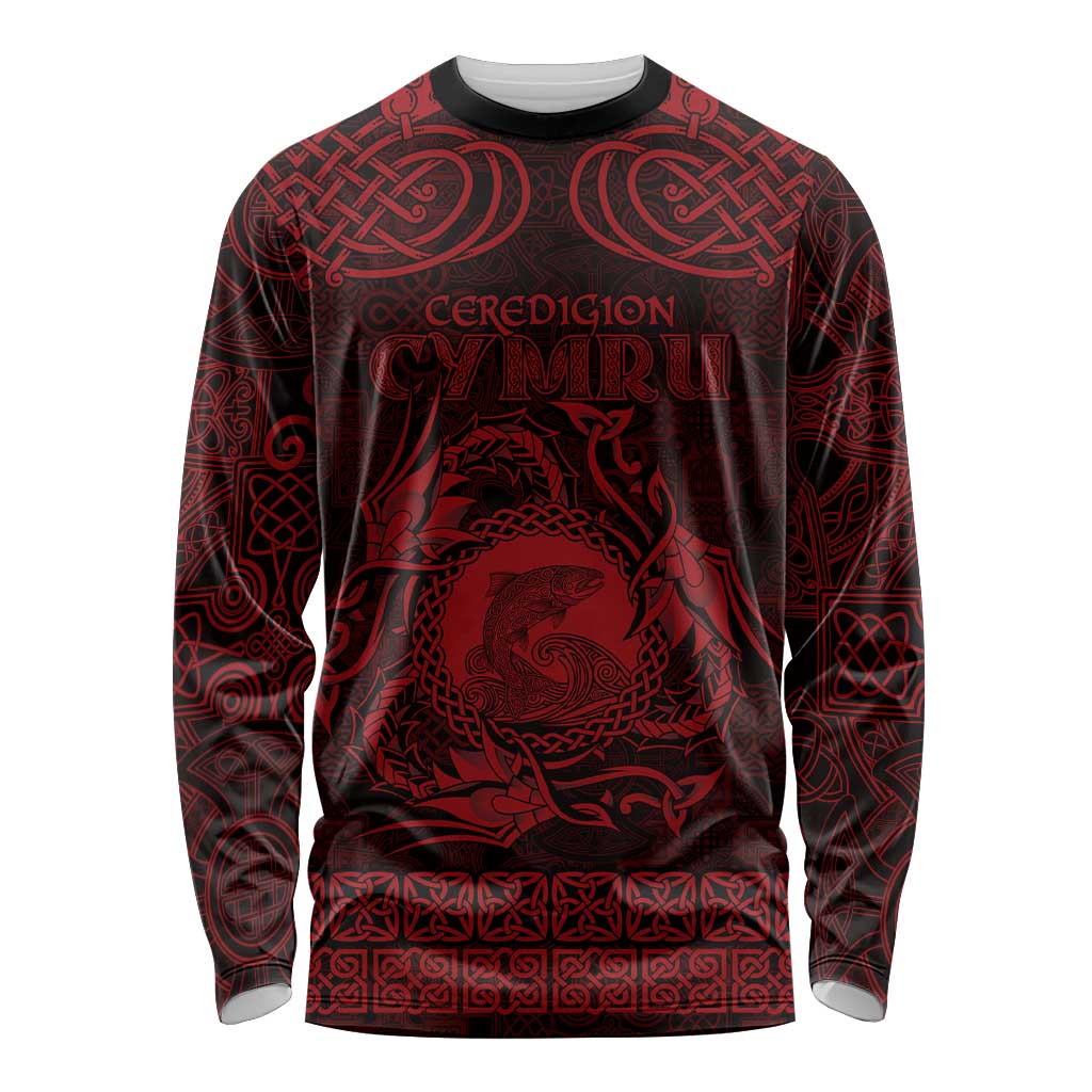 Personalized Cardiganshire Ceredigion Long Sleeve Shirt Red Leaping Salmon Celtic-inspired - Wonder Print Shop