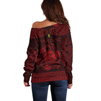 Personalized Cardiganshire Ceredigion Off Shoulder Sweater Red Leaping Salmon Celtic-inspired - Wonder Print Shop