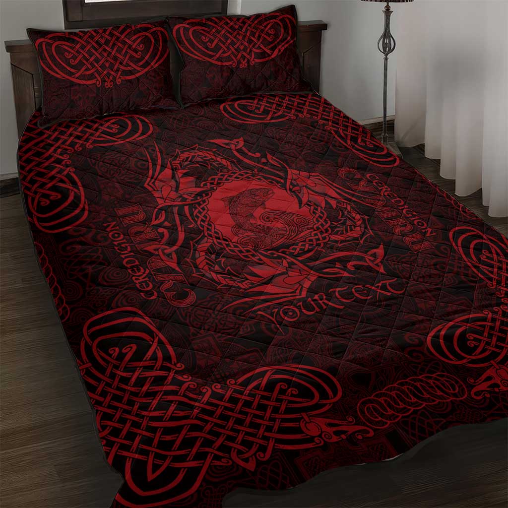 Personalized Cardiganshire Ceredigion Quilt Bed Set Red Leaping Salmon Celtic-inspired - Wonder Print Shop